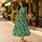 Sunlura – Flutter Sleeve Tie Waist Tiered Midi Dress, Summer Floral Print, Women's Casual Dress