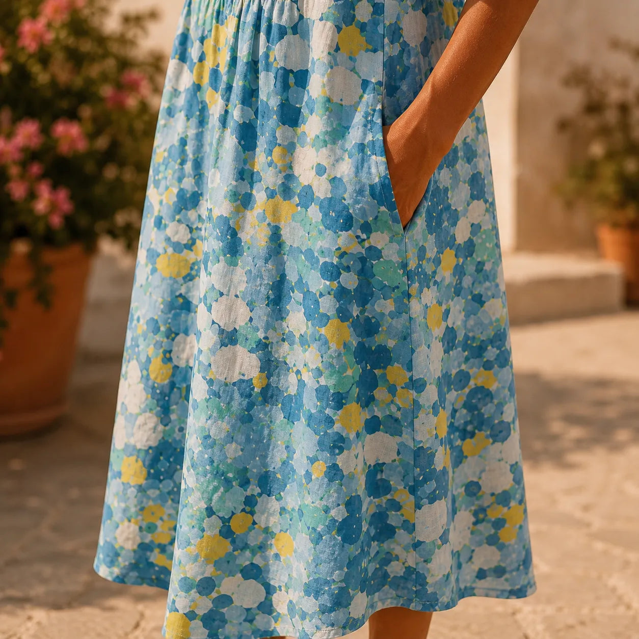 Soleia – Watercolor print flowing midi dress with pockets
