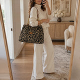 Florella – Woven Leopard Print Tote Bag with Leather Trim and Gold Chain