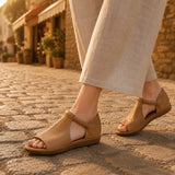 Solene – Pebbled PU T-Strap Flat Sandals for Women, Slip-On Open Toe Summer Shoes