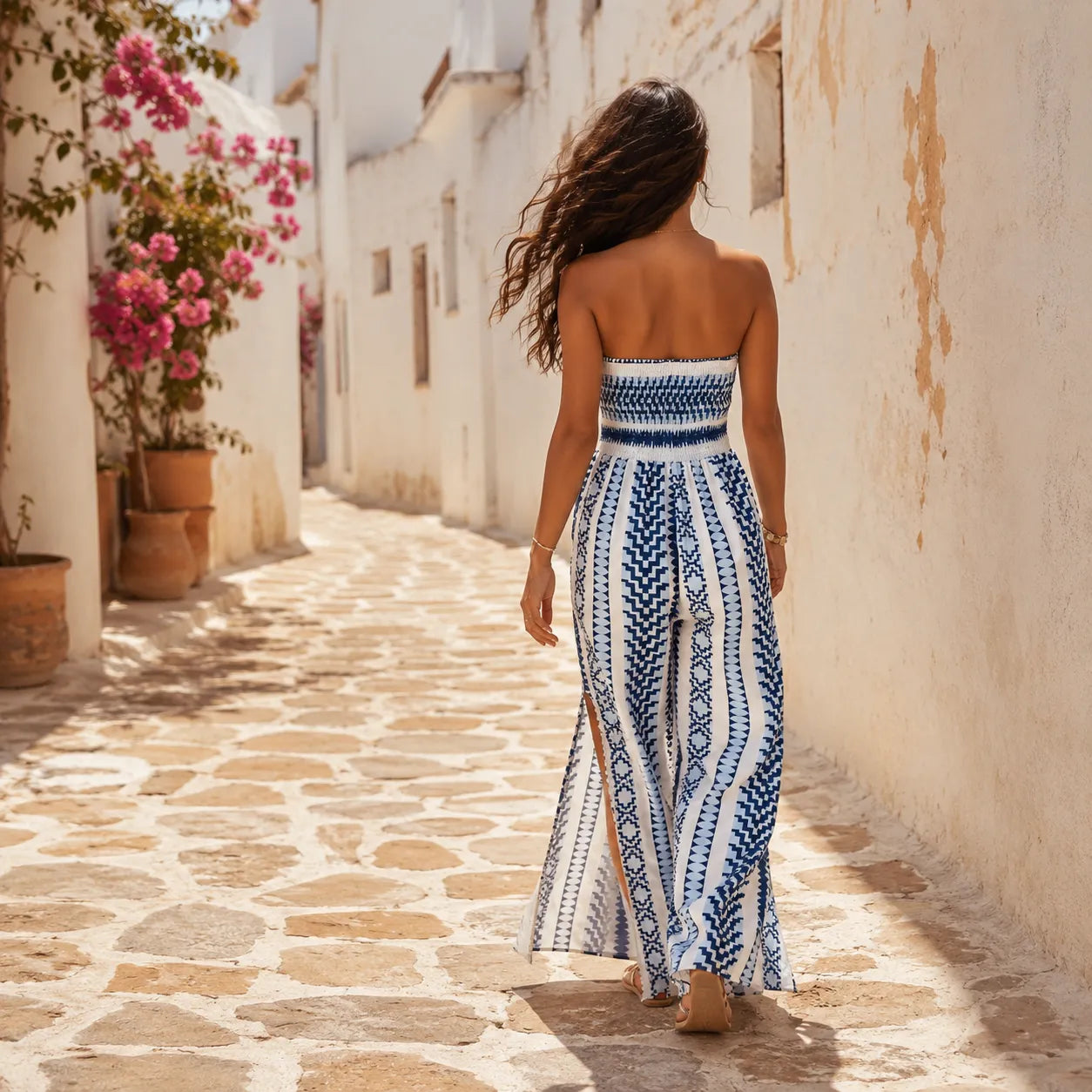 Solvana – Strapless Geometric Print Jumpsuit with Wide-Leg Slit Pants