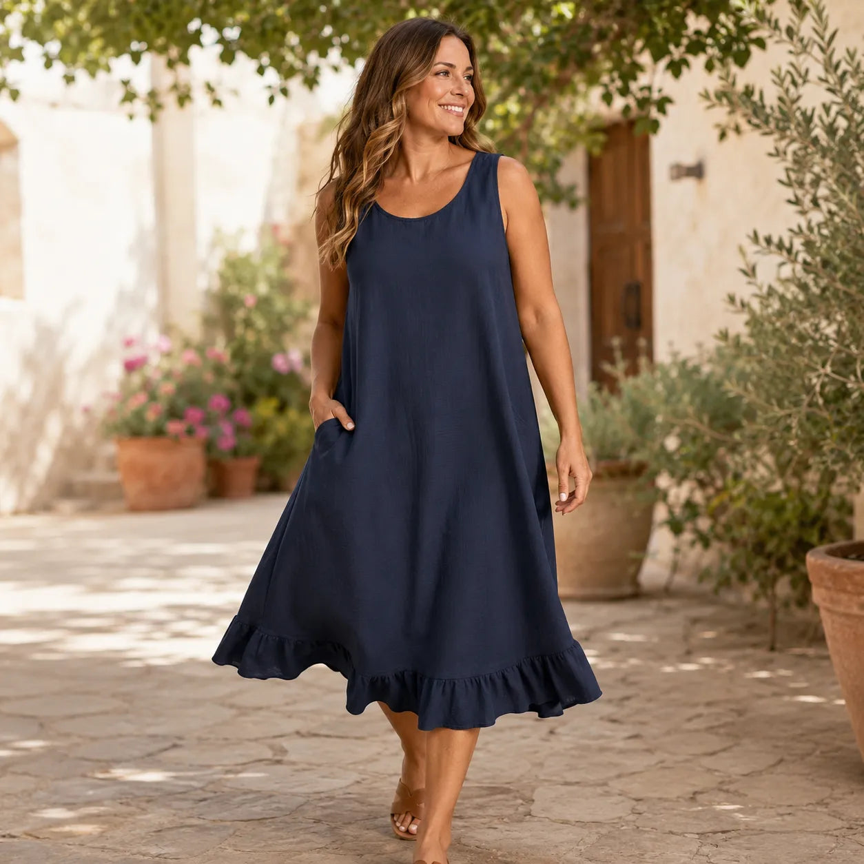Sunelora – Sleeveless Ruffle Hem Midi Dress with Pockets, Linen Look A Line Summer Dress