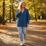 Verelle – Women's V-Neck Collarless Denim-like Jacket, Soft Button-Front Layer