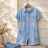 Sunova – Short Sleeve Denim-like Romper Jumpsuit with Pockets