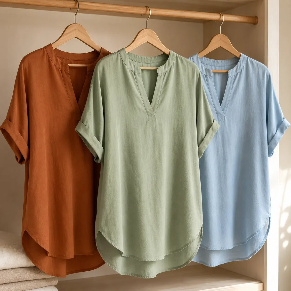 Linora – Notch V-Neck Short Sleeve Curved-Hem Tunic Blouse for Women
