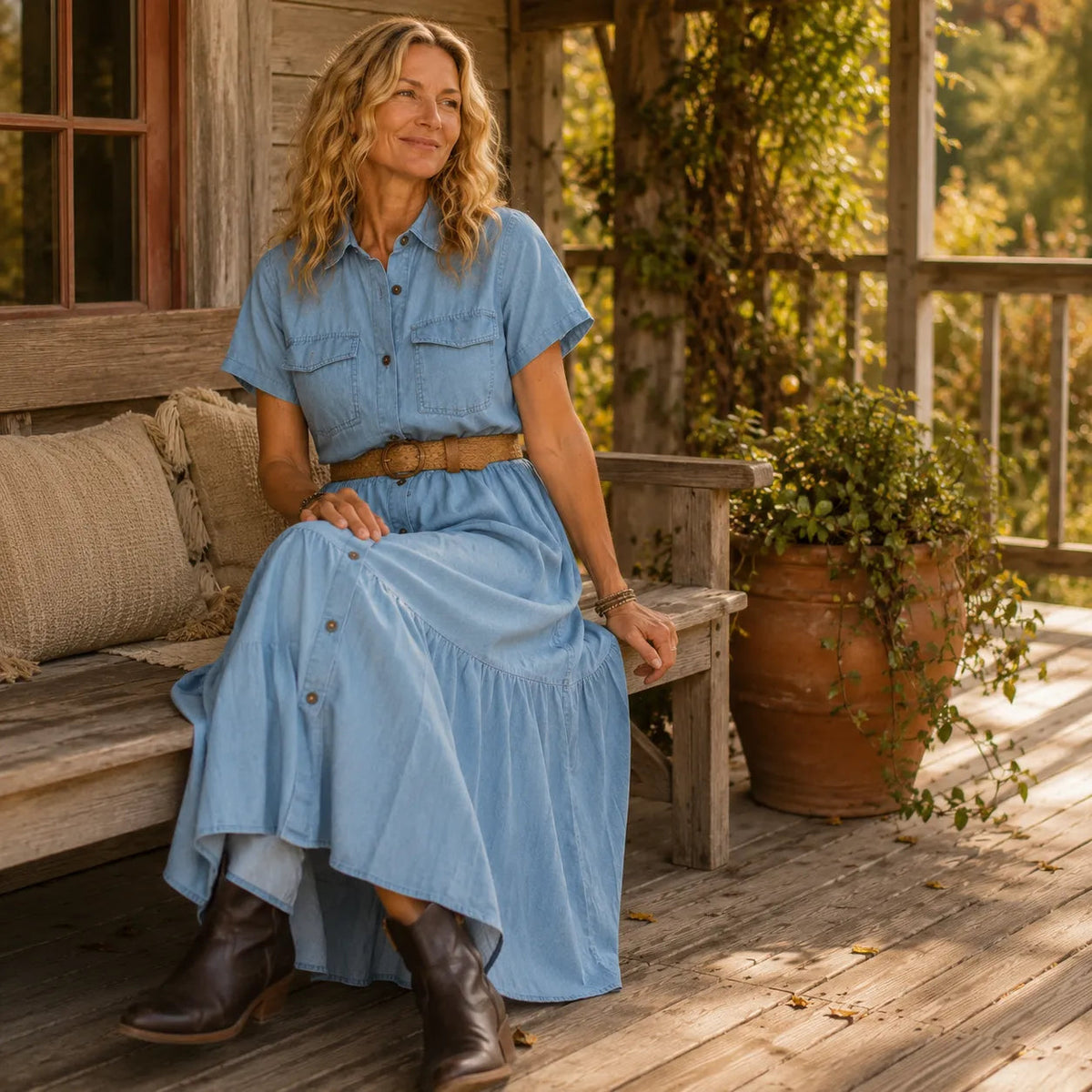 Marielle – Tiered Button-Front Denim-like Maxi Dress with Pockets