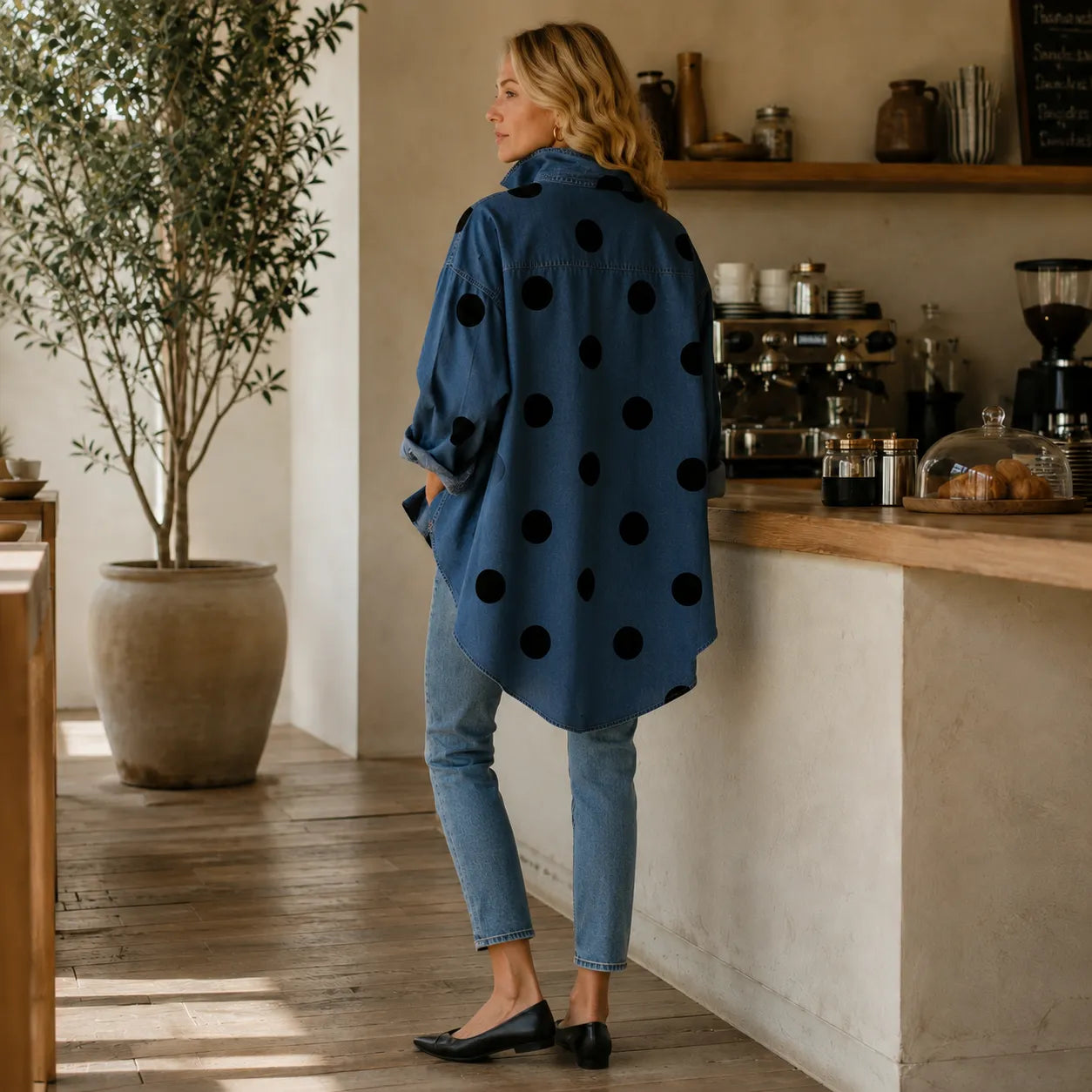 Marevelle – Oversized Polka Dot Denim Shirt with Stand Collar