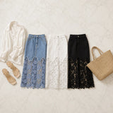 Florenza – Floral lace hem high waist denim maxi skirt with pockets