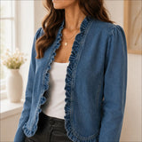 Florelle – Open Front Ruffle Trim Denim-look Jacket for Women