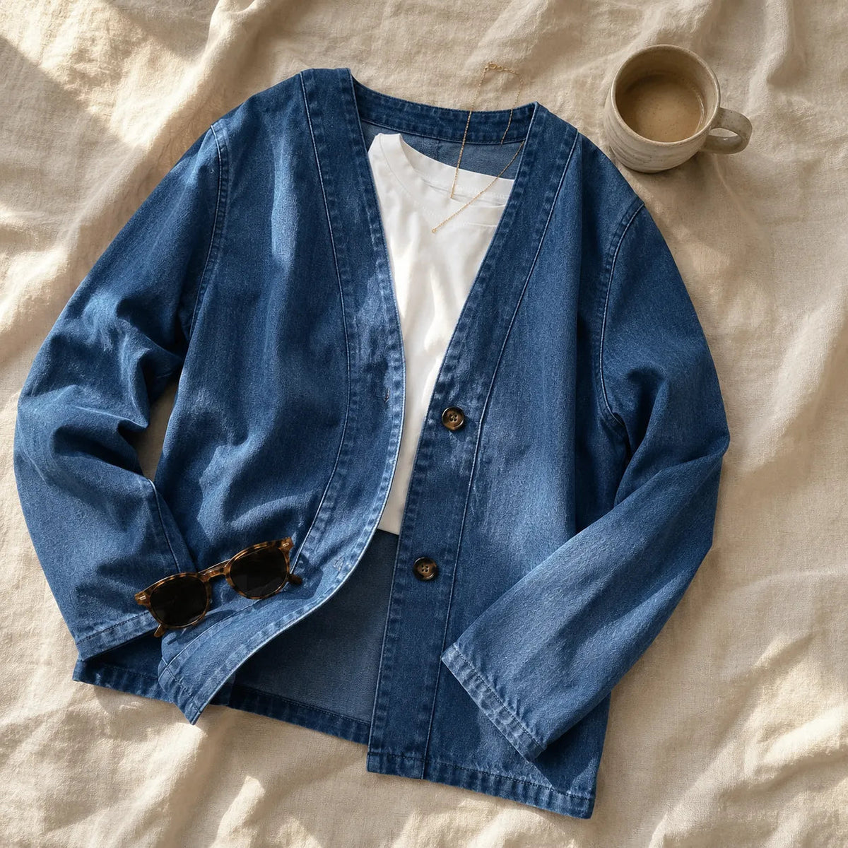 Verelle – Women's V-Neck Collarless Denim-like Jacket, Soft Button-Front Layer
