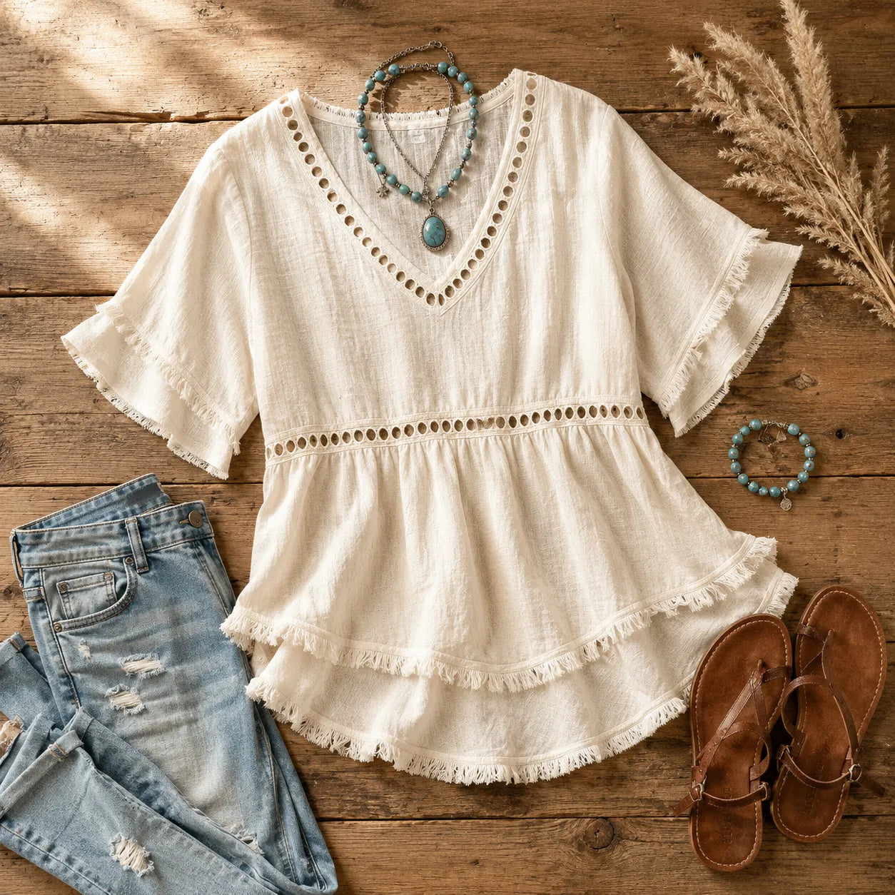 Solavie – Boho V-Neck Fringe Trim Tunic Top for Women