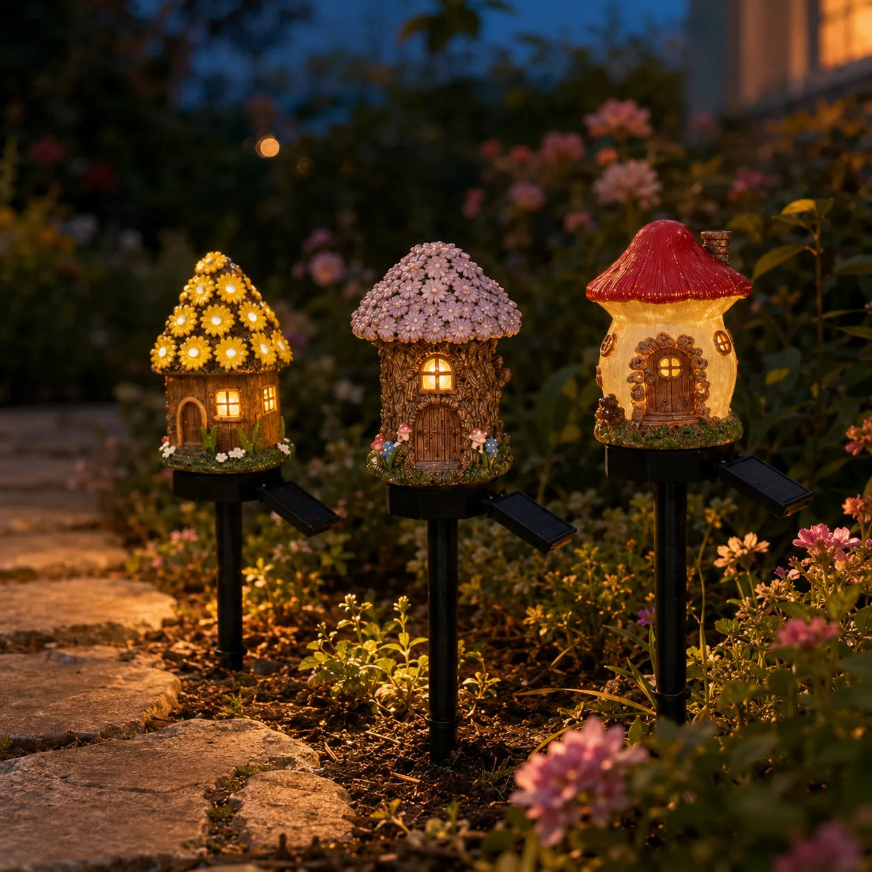 Lunavia – Solar Fairy Cottage Garden Stake Light, Hand-Sculpted Resin, Auto-On Warm LED