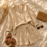 Solenne – Linen-look Two-Piece Set with V-Neck Top and Belted Bermuda Shorts