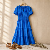 Willowen – V-Neck Tiered Midi Dress with Pockets, Short Sleeve, Ruched Waist