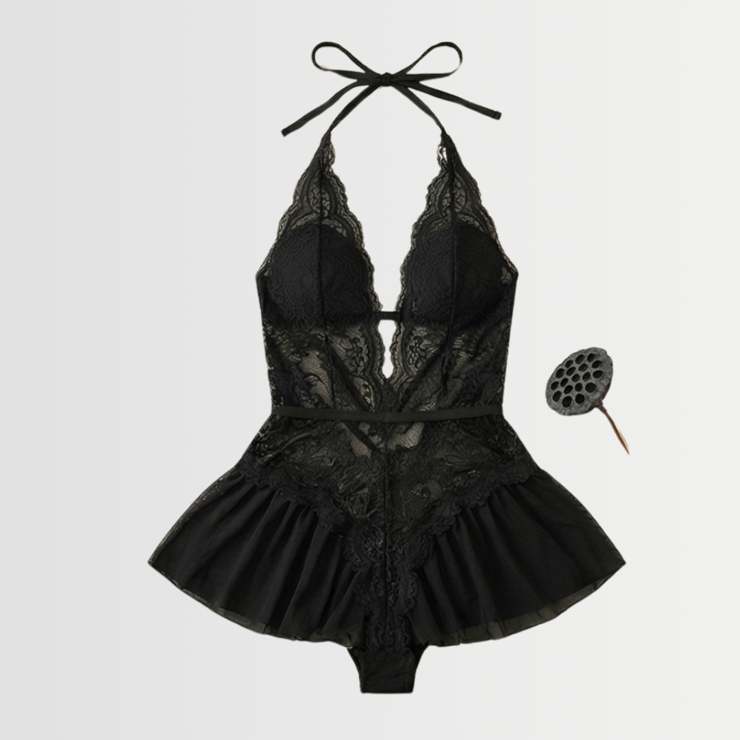 Velara – Women's Floral Lace Teddy with Ruffle Hem