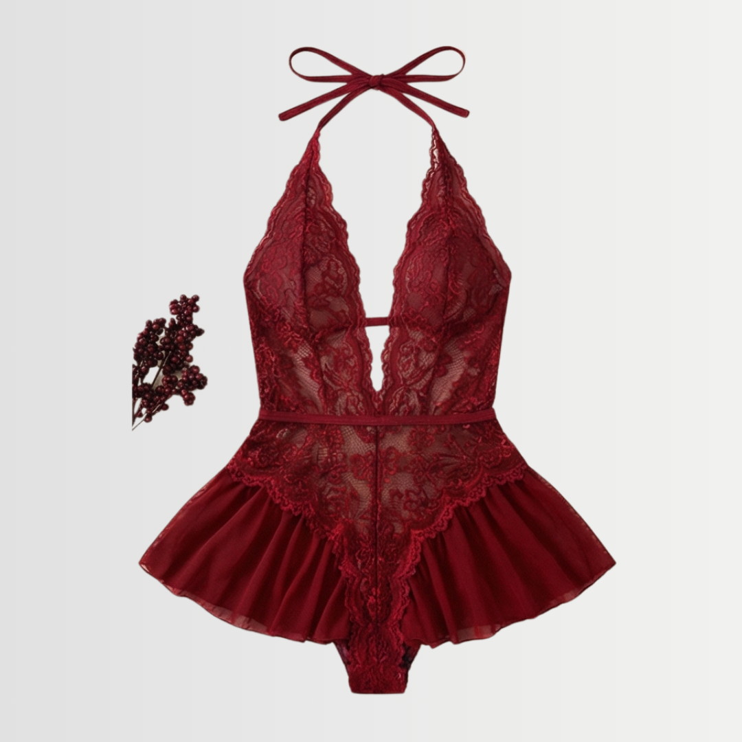 Velara – Women's Floral Lace Teddy with Ruffle Hem