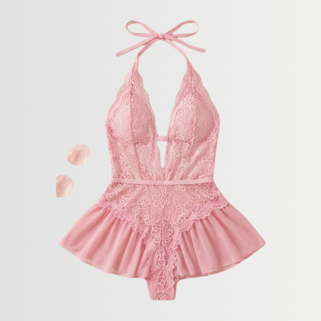 Velara – Women's Floral Lace Teddy with Ruffle Hem