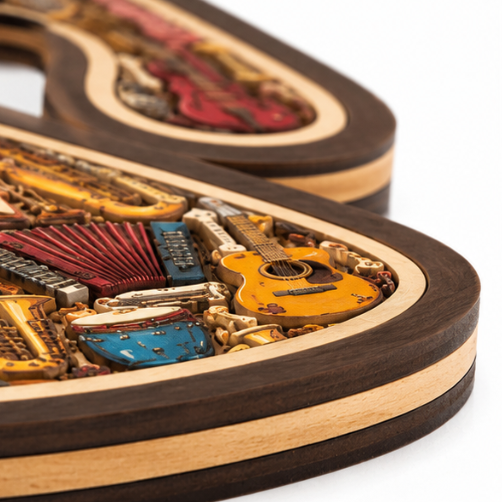 Melora – Wooden look Musical Note Puzzle with Instrument Shaped Pieces, Display Stand Included