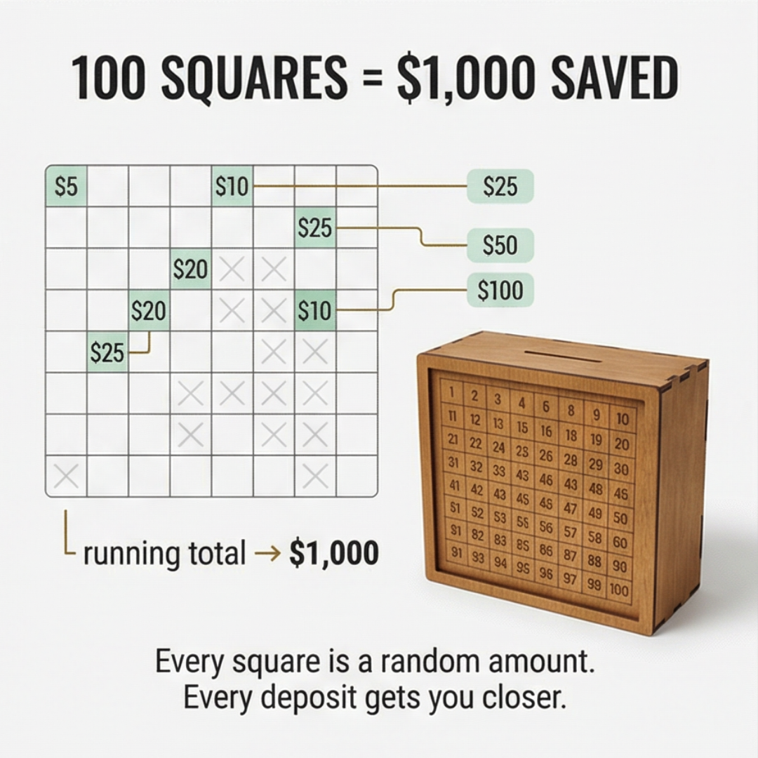 SaveGrid - Visual Savings Box with 100 Square Progress Tracker