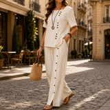 Lunelle – Women's Linen 2-Piece Set with Wide-Leg Pants and Button Detail