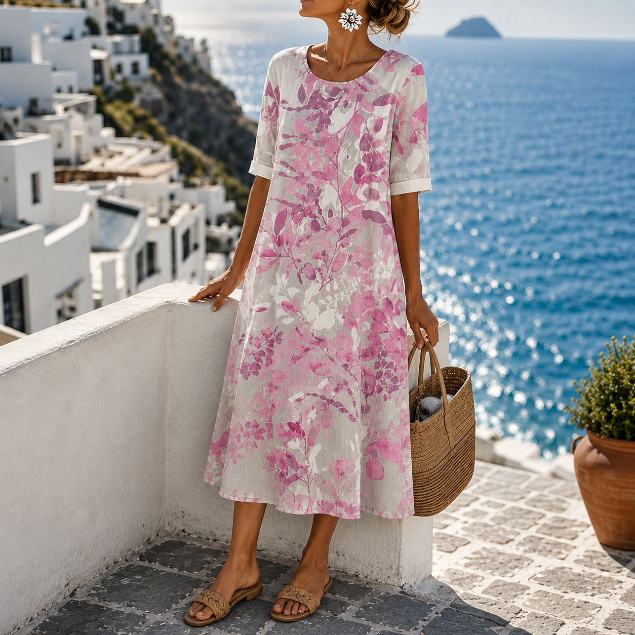 Marivelle – Botanical Print Midi Shift Dress with Pockets