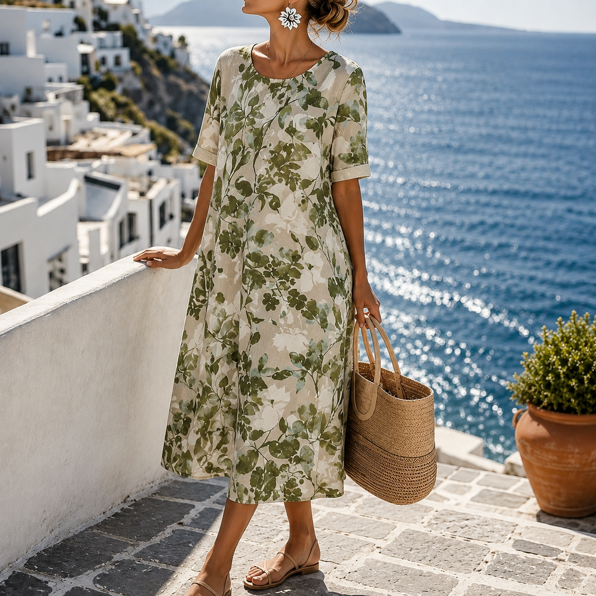 Marivelle – Botanical Print Midi Shift Dress with Pockets