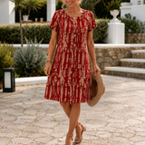 Solara – Printed A-Line Shift Dress with Short Sleeves & Buttons