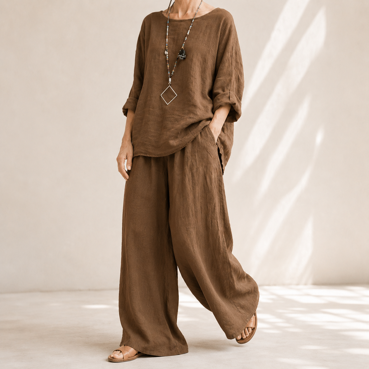 Lunavia – Oversized Cotton-Linen Two-Piece Set with Wide-Leg Pants