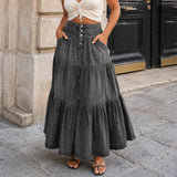 Romella – High Waisted Tiered A-Line Denim Maxi Skirt for Women