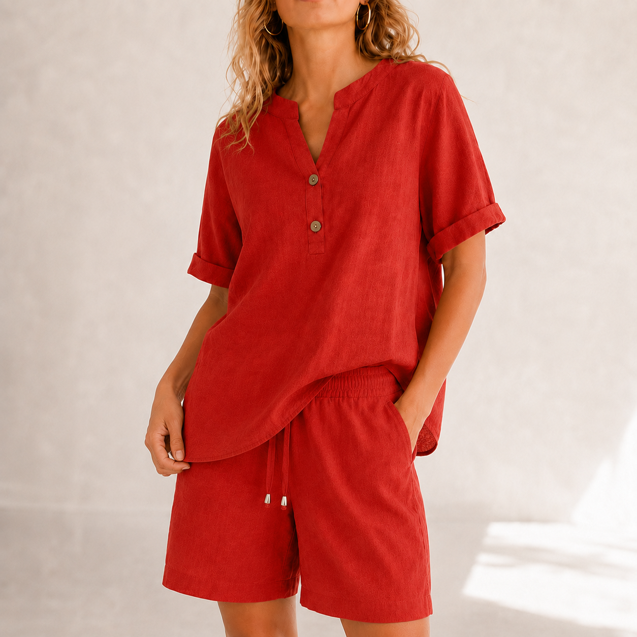 Lunessa – Cotton Linen 2 Piece Set Women Henley Top and Drawstring Shorts