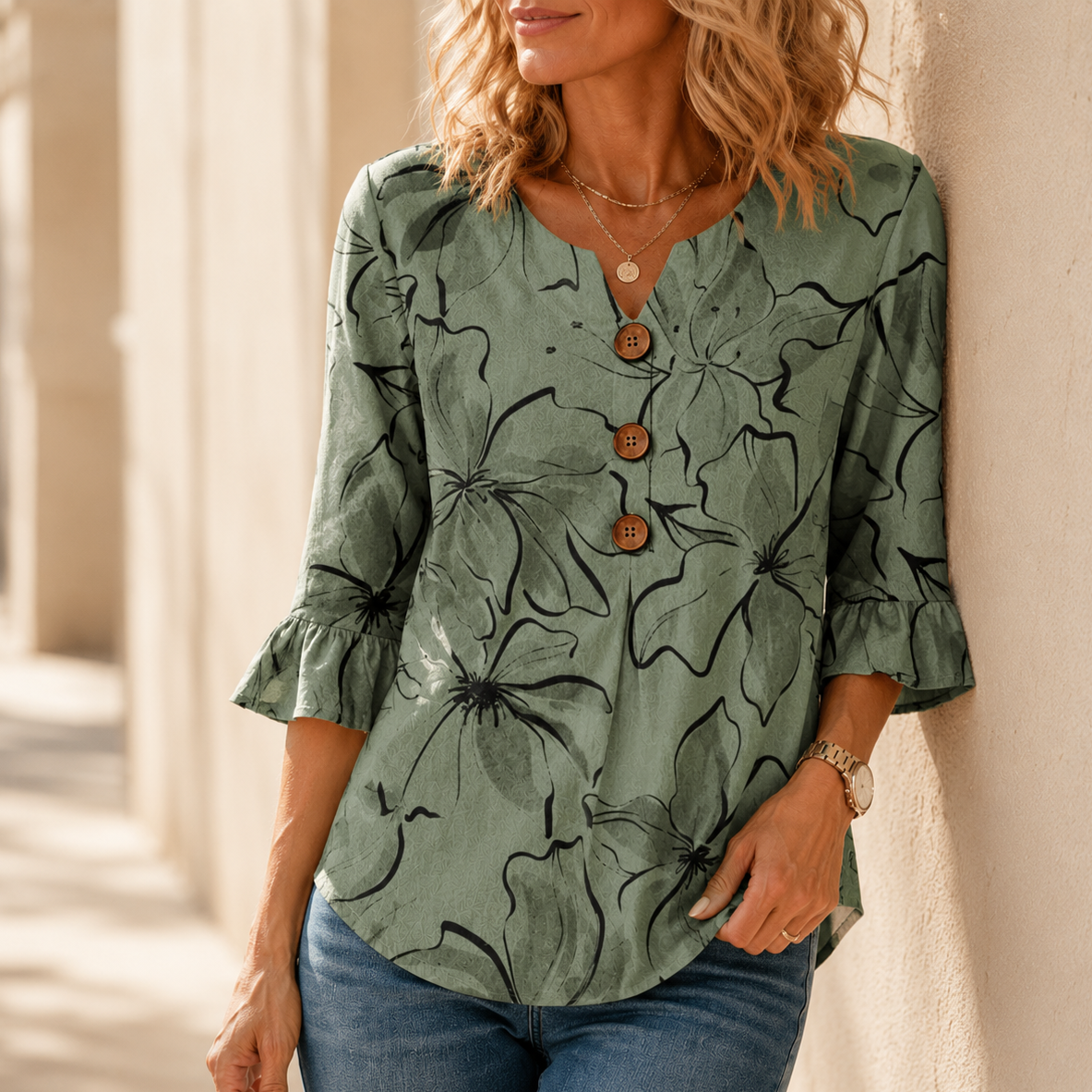 Roselisse – Watercolor Floral Ruffle Sleeve V-Neck Blouse