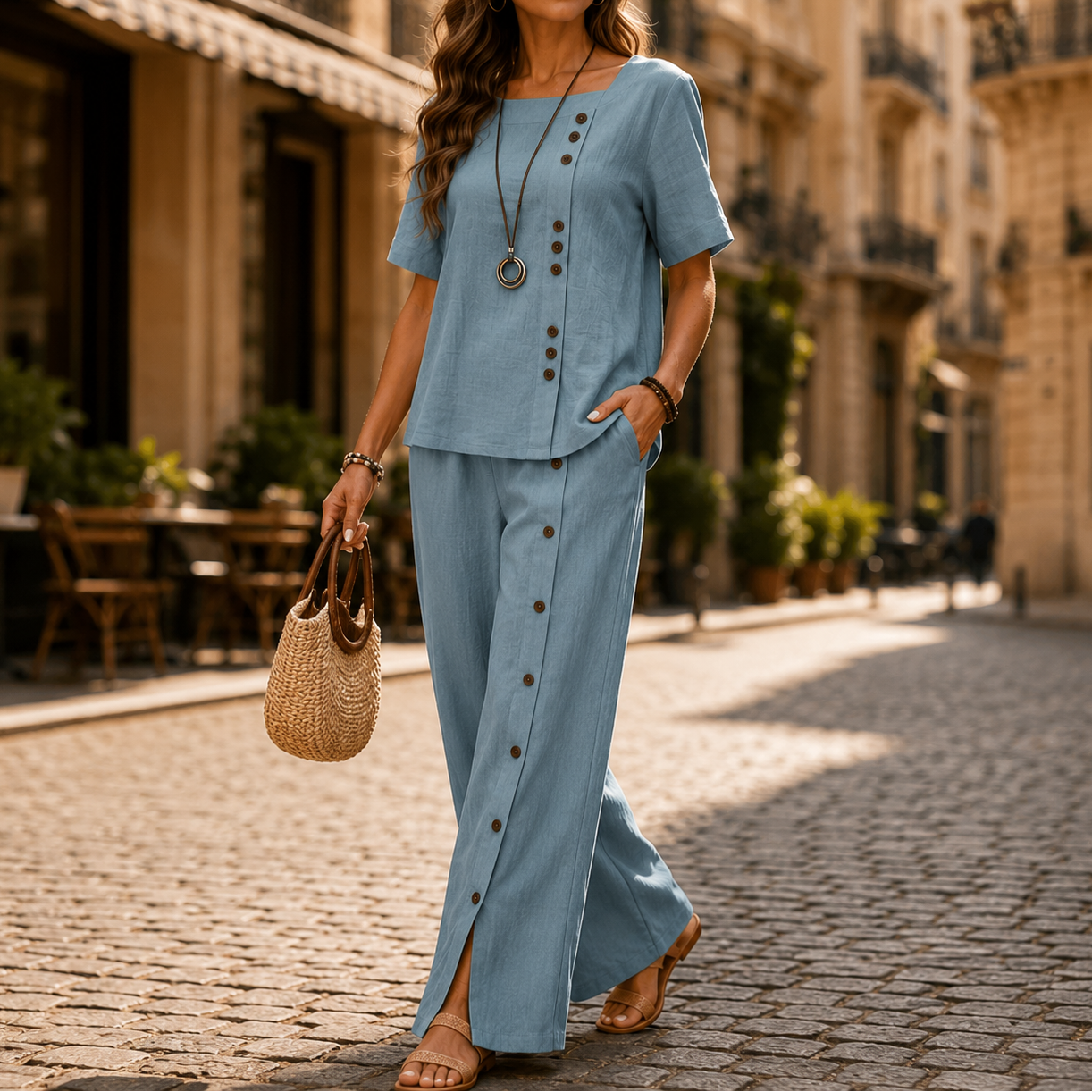 Lunelle – Women's Linen 2-Piece Set with Wide-Leg Pants and Button Detail