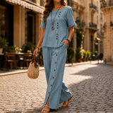 Lunelle – Women's Linen 2-Piece Set with Wide-Leg Pants and Button Detail
