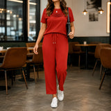 Lounella – Women's Pintucked Lounge Set with Wide-Leg Pants and Pockets