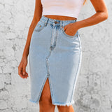 Marivel – High Waisted Denim Midi Skirt with Front Slit and Frayed Hem