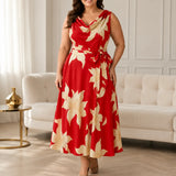 Florenza – Floral Cowl-Neck Midi Dress with Tie Waist, A-Line, Sleeveless