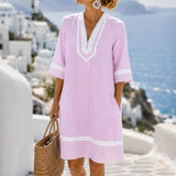 Marivelle – Striped V-Neck Tunic Dress with Pockets