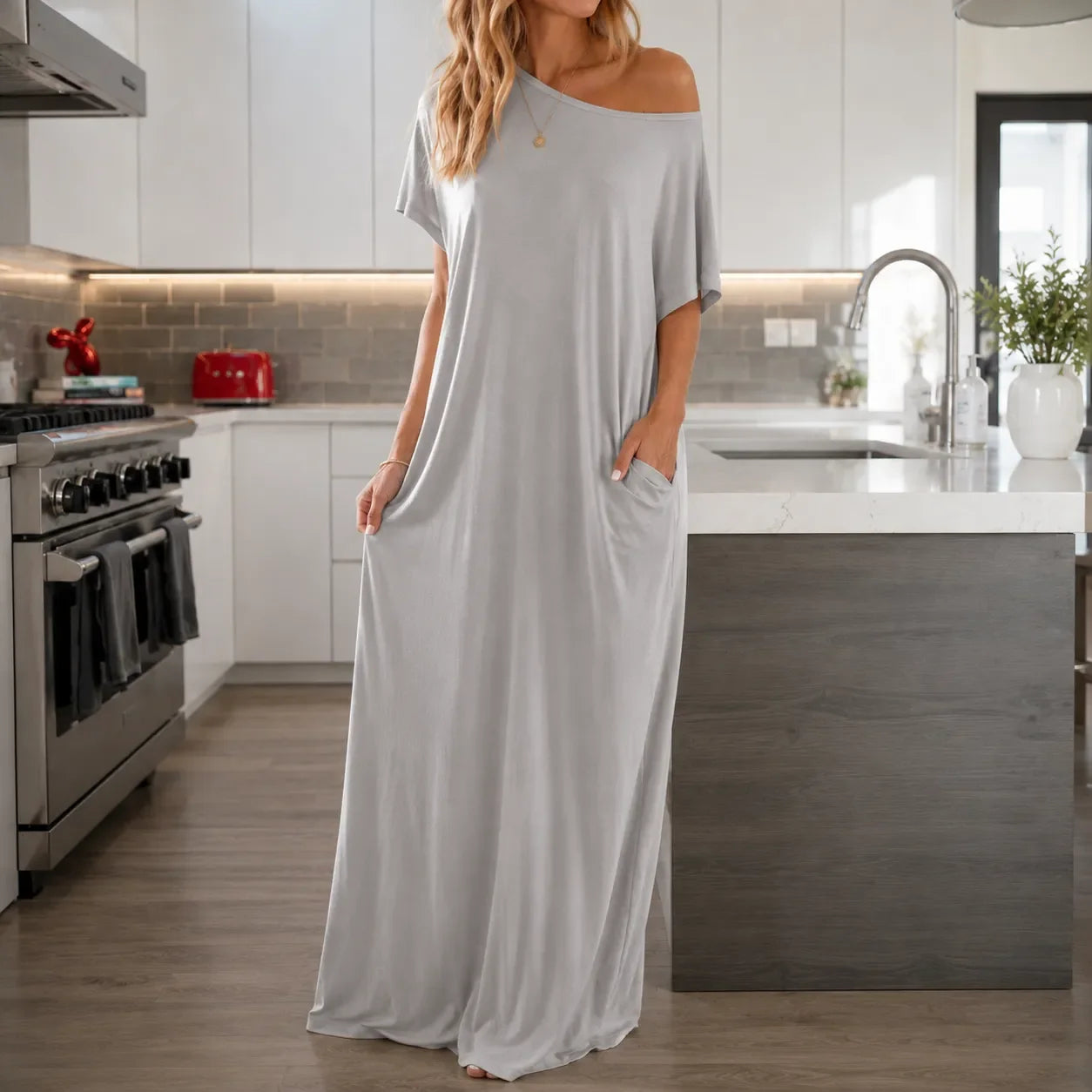 Solenne – Off-Shoulder Drape Maxi Dress with Side Pockets, Soft Viscose Throw-On Summer Dress