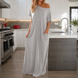 Solenne – Off-Shoulder Drape Maxi Dress with Side Pockets, Soft Viscose Throw-On Summer Dress