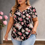 Florenza – Women's Floral Pleated Henley Tunic Top, Flowy Short Sleeve V-Neck Button Up Shirt for Jeans