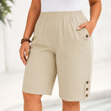 Velora – Plus Size Elastic Waist Capri Pants with Side Button Detail