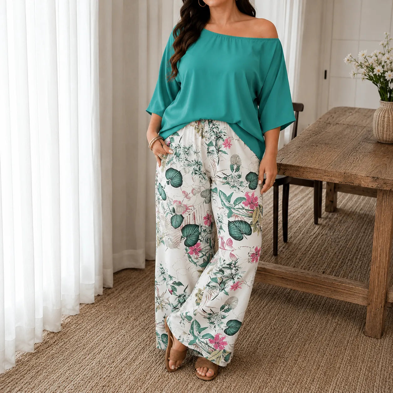 Solene – Off Shoulder Floral Wide Leg Pants Set for Women