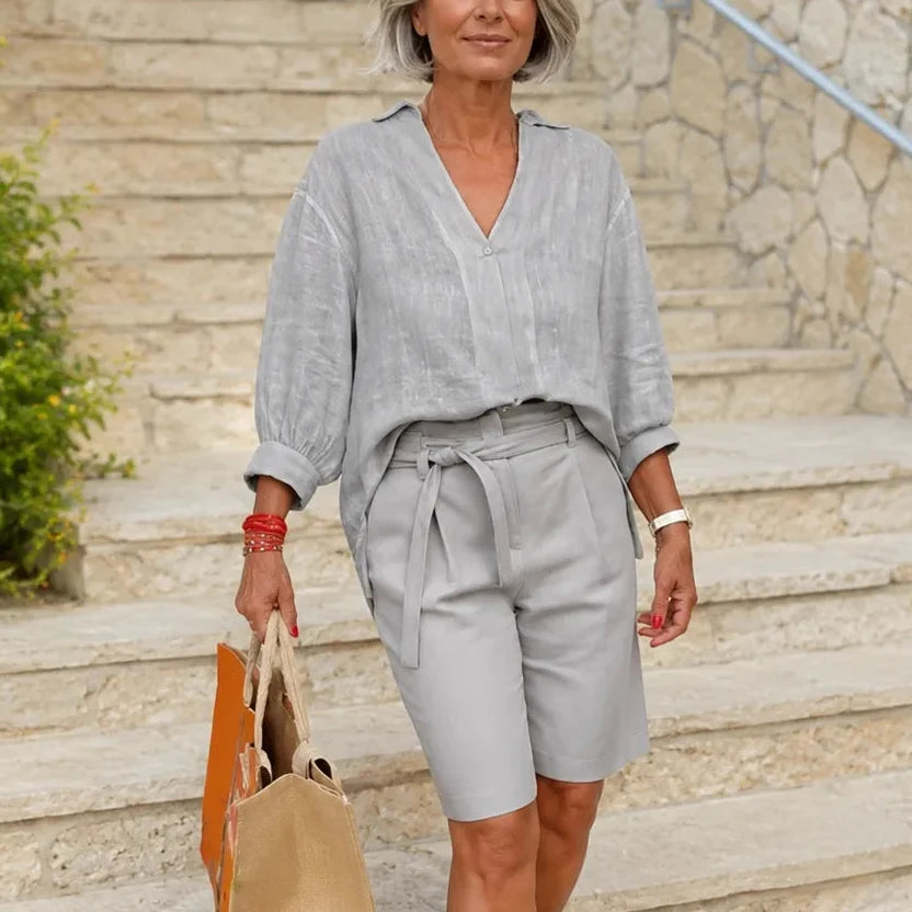 Solenne – Linen-look Two-Piece Set with V-Neck Top and Belted Bermuda Shorts