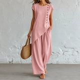 Elovena – Asymmetric Hem Matching Set with Wide-Leg Pants