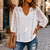 Soraya – Boho Lace Look Blouse with Tassel Tie U-Neck