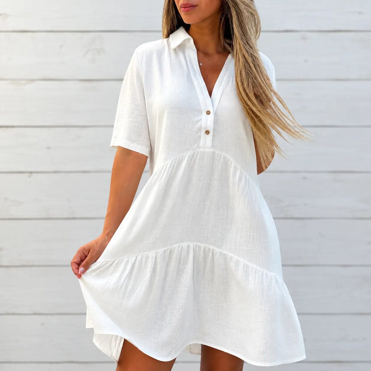 Marelle – Tiered V-Neck Linen-Look Mini Dress with Collar