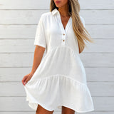 Marelle – Tiered V-Neck Linen-Look Mini Dress with Collar