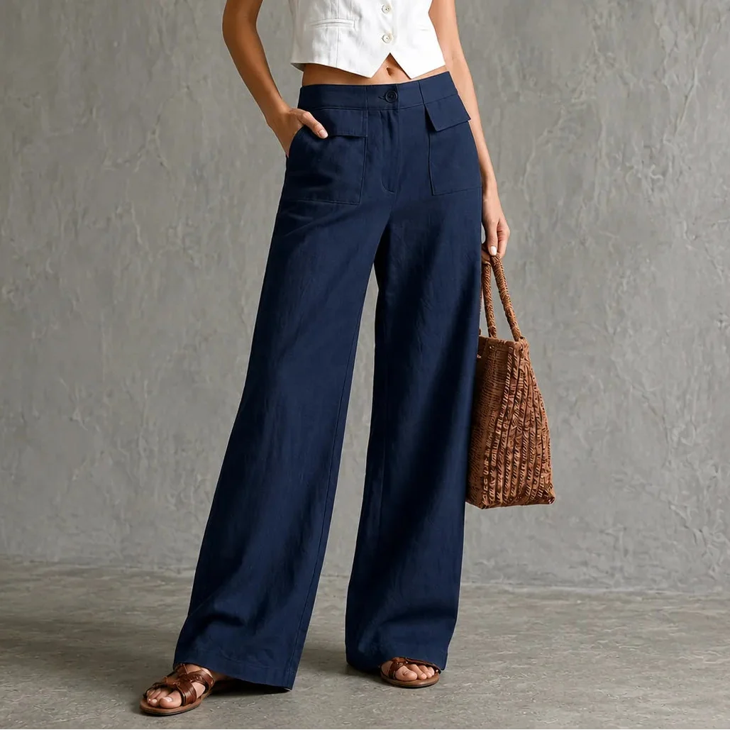 Lunavia – Linen-look wide-leg pants with pockets, high waist