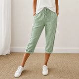 Loravie – Eyelet Trim Cotton-Linen-like Capri Pants with Drawstring Waist