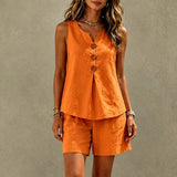 Solavia – Linen-Look 2 Piece Set, Sleeveless Button Top and Relaxed Shorts, Summer Matching Set for Women